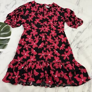 Calvin Klein Ruffle Trim Shift Dress Size 14 Black Pink Floral Button Trim